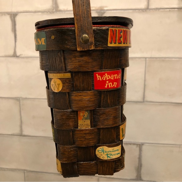 Vintage basket purse 1960s 60s brown travel postcard decoupage logo magazine - Picture 5 of 13